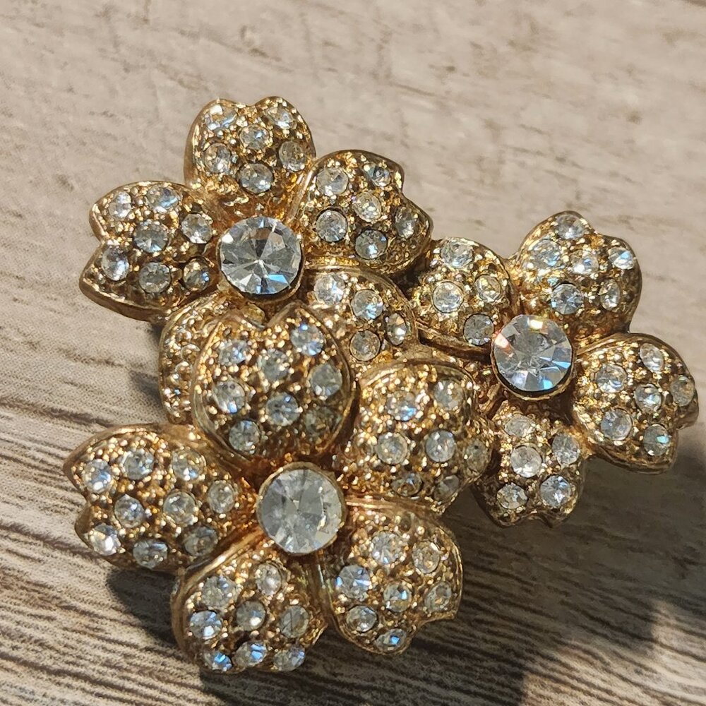 Vintage Gold-Dipped Triple Flower Rhinestone Encrusted Brooch-Circa 1940s